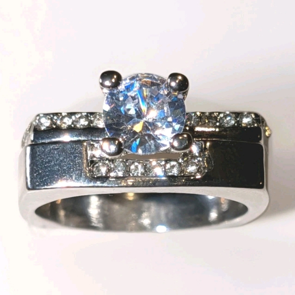 Men's Silver-tone Clear Cubic Zirconia Solitaire Ring 2pc Set Sz 10